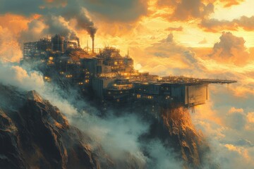 A sprawling industrial complex perched atop a mountain, shrouded in mist, at sunset.