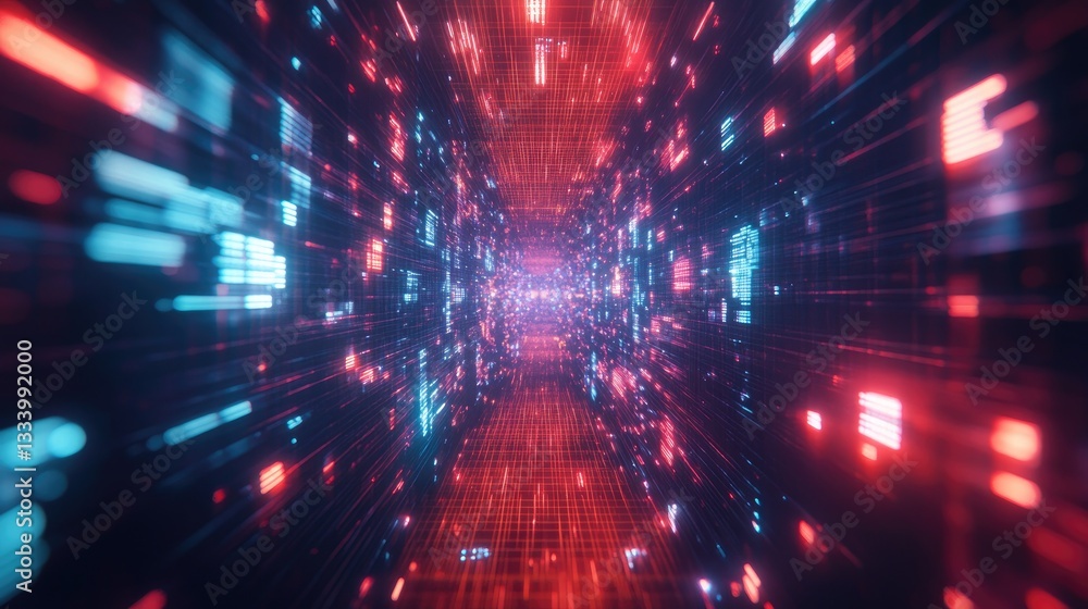 Poster futuristic digital tunnel with blue and red glowing particles flowing in matrix-like environment
