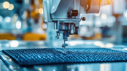 A robotic machine precisely sewing material with intricate needlework