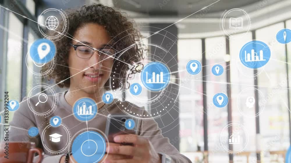 Poster using smartphone with digital data icons, child in school creating animation