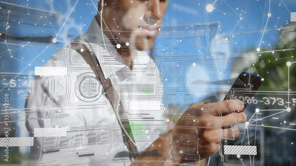 Poster using smartphone outdoors, person interacting with digital data processing animation