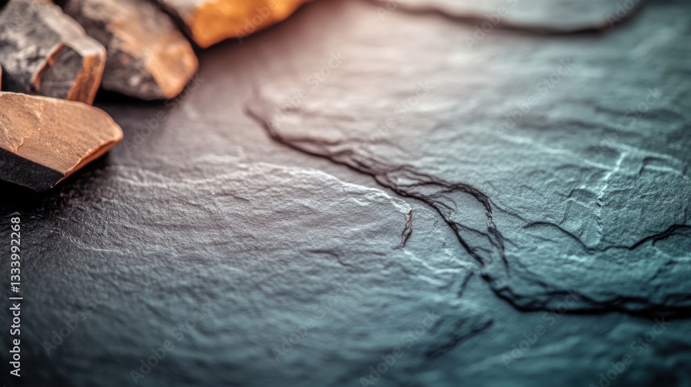 Aufkleber warm light casts shadows on textured stones resting on a dark surface, creating a peaceful and invit