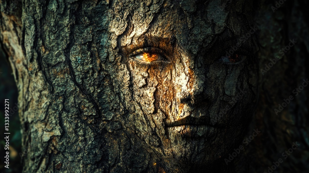 Poster enigmatic face emerging from tree bark, showcasing the fusion of nature and human expression in a my