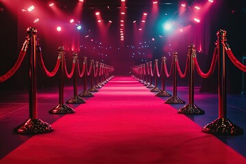 Red Carpet Event: Elegant Stanchions Line Path, Bright Lights Illuminate Festive Atmosphere, Creating a Luxurious Ambiance for a Grand Celebration.
