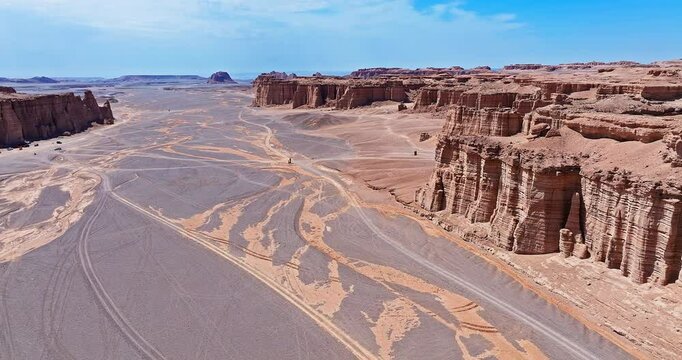 Aerial view of the spectacular yardang landform in Xinjiang. The famous Dahaidao no man's land natural landscape in China.