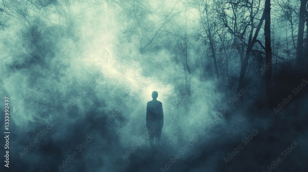 Poster mysterious figure shrouded in fog with ethereal light in enchanted forest setting