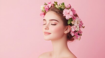 Fototapeta premium Beautiful pink wearing woman flowers crown posing on pink background