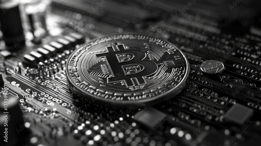 Poster closeup of a bitcoin on a computer circuit board a black and white image of cryptocurrency technolog