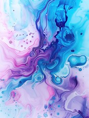 Fototapeta premium A vibrant abstract background featuring splashes of purple, pink, light blue, and dark blue ink enhanced by a dynamic water effect and fluid abstract shapes.