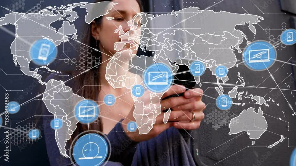 Poster using smartphone, woman with animation of digital world map and communication icons