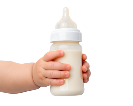 Infant's Hand Holding Milk Bottle on White - Baby Feeding, Newborn Essentials, Milk Bottle, Cut Out