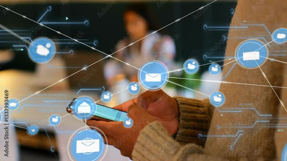 Poster using smartphone with digital communication animation icons in school setting