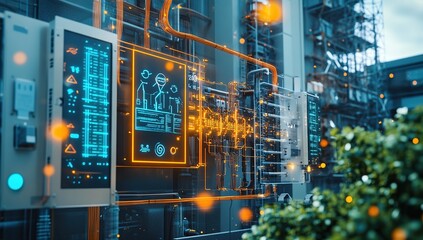 Fototapeta premium Advanced Industrial Control Systems: Visualizing Data for Enhanced Efficiency and Monitoring of Complex Processes in Modern Factories