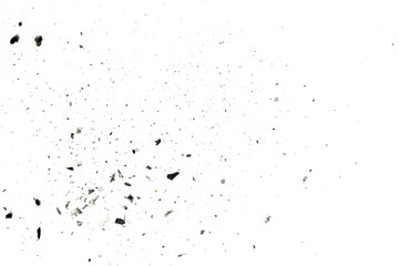 Ash particles of baking paper on isolated white background