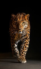 Obraz premium Majestic leopard walking confidently toward the viewer in dramatic lighting against a dark background, showcasing stunning fur patterns and fierce expression