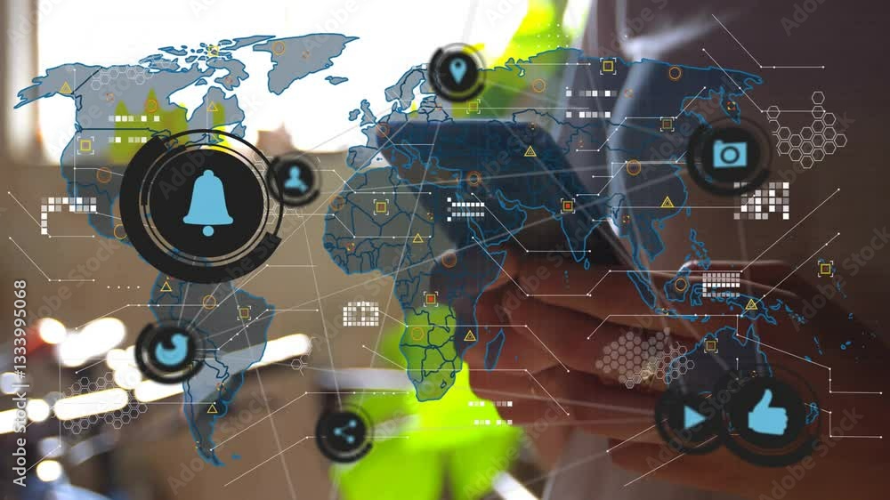 Poster using smartphone, person viewing digital icons overlay on world map animation