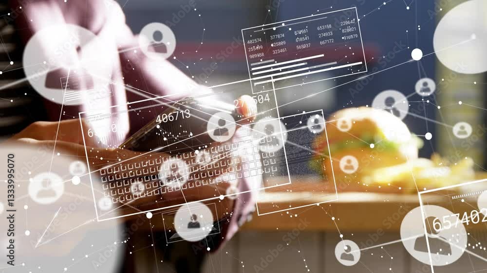 Poster person using smartphone with digital network and data processing animation overlay