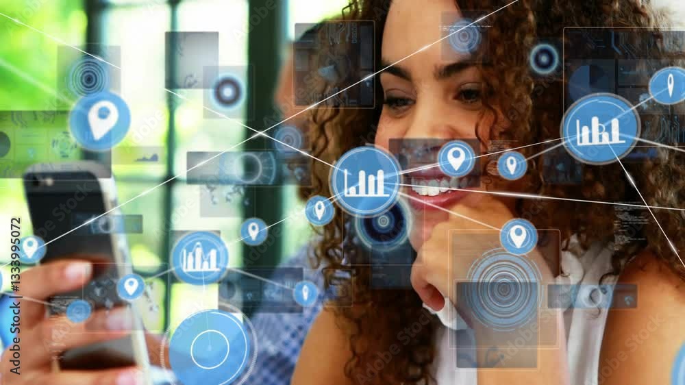 Aufkleber using smartphone, woman with animation of data processing and location icons