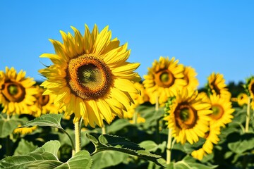 Obraz premium Vibrant Sunflowers Field Under a Clear Blue Sky