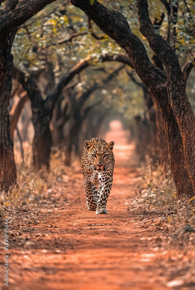 Poster majestic leopard walking down a serene path surrounded by trees in a lush forest setting