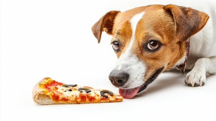 Charming dog enjoying a delicious slice of pizza while displaying playful and adorable behavior in a fun setting