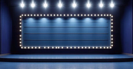 Cinema marquee with blank letter slots waiting for movie title deep navy and bright silver symbolizing film industry advertising