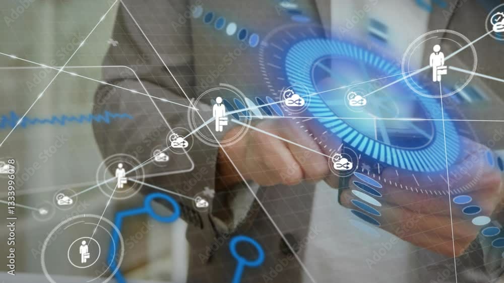 Poster business professional interacting with digital animation and data visualization graphics
