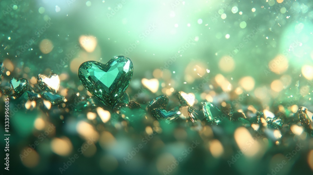 Poster sparkling heart shaped decorations scatter across a surface, reflecting light in shades of green and
