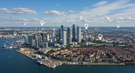Aerial cityscape with digital pins and waterfront.