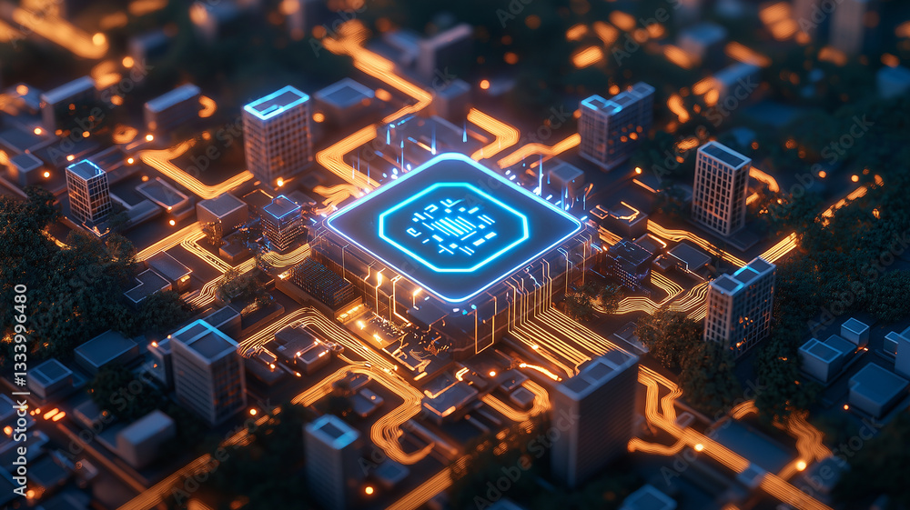 Poster futuristic cityscape featuring glowing microchip at its center, surrounded by illuminated buildings 