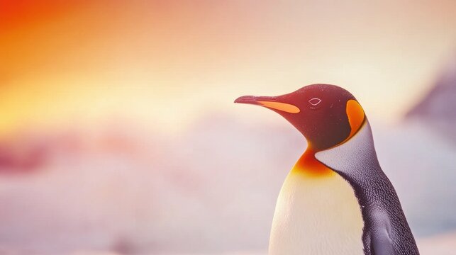 An emperor penguin stands proudly on the icy surface as the sun sets, casting a warm glow over its vibrant feathers and the surrounding landscape - Powered by Adobe