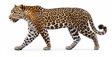 Fototapeta premium Majestic Leopard Walking Gracefully Against a White Background Showcasing Its Unique Spots and Striking Features in a Natural and Realistic Style