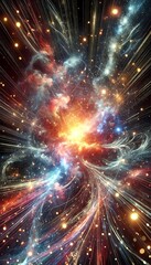 Chaotic storm of glowing lines and particles, resembling a cosmic explosion, perfect for abstract background and wallpaper