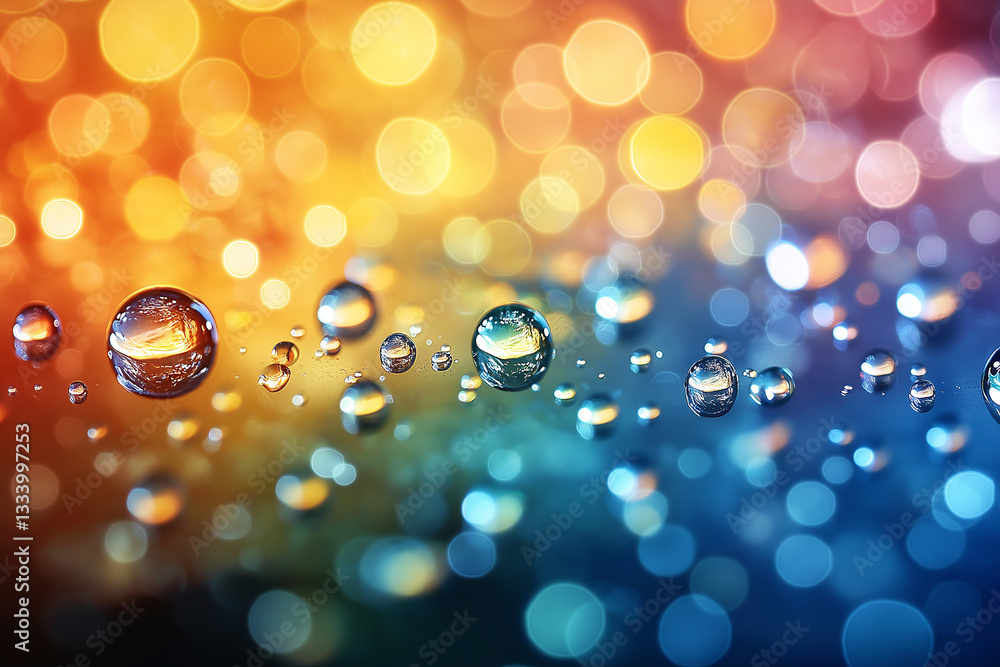 Poster colorful abstract background with water droplets reflecting light, creating vibrant and dreamy atmos