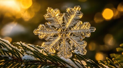 A Stunning Macro Shot of a Single Snowflake Resting on a Pine Branch during a Golden Hour Sunrise