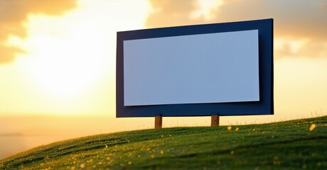 Fototapeta premium Paper cutout of large empty billboard on grassy hillside under golden sunset deep navy and bright silver symbolizing unspoken messages