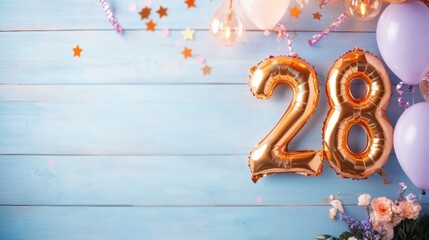 Colorful balloons and a shiny number 28 adorn a cheerful party backdrop for a special birthday celebration filled with joy