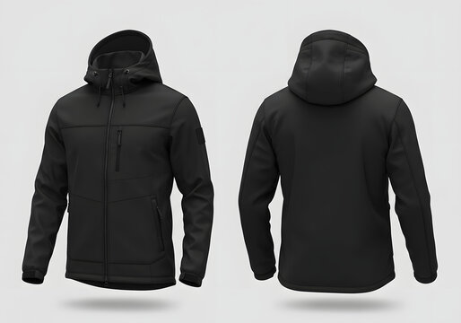 Black hooded softshell jacket mockup showing front and back view as a high-quality apparel design template for branding and promotion


