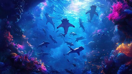 Vibrant Underwater Realm: A Symphony of Sharks and Coral