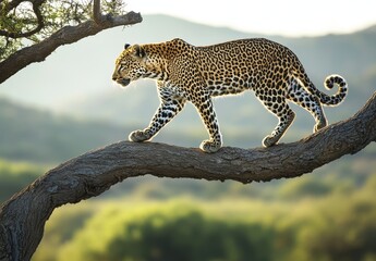 Fototapeta premium Majestic leopard walking gracefully on a branch surrounded by a beautiful natural landscape with soft lighting and blurred green background in wildlife setting