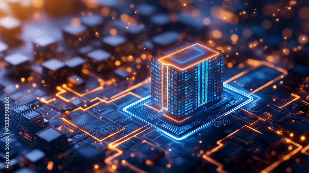Poster digital representation of smart building integrated with technology, showcasing glowing circuits and