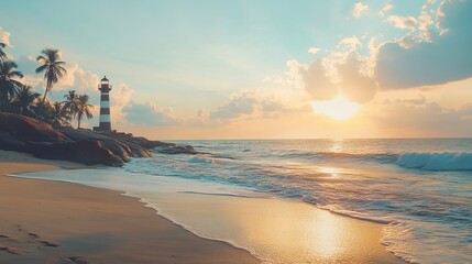 A Lighthouse Standing on Kovalam Beach – Scenic Coastal Landscape with Ocean Waves and Sunset Views