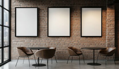 Modern Brick Wall Cafe Interior Design with Empty Frames and Brown Leather Chairs