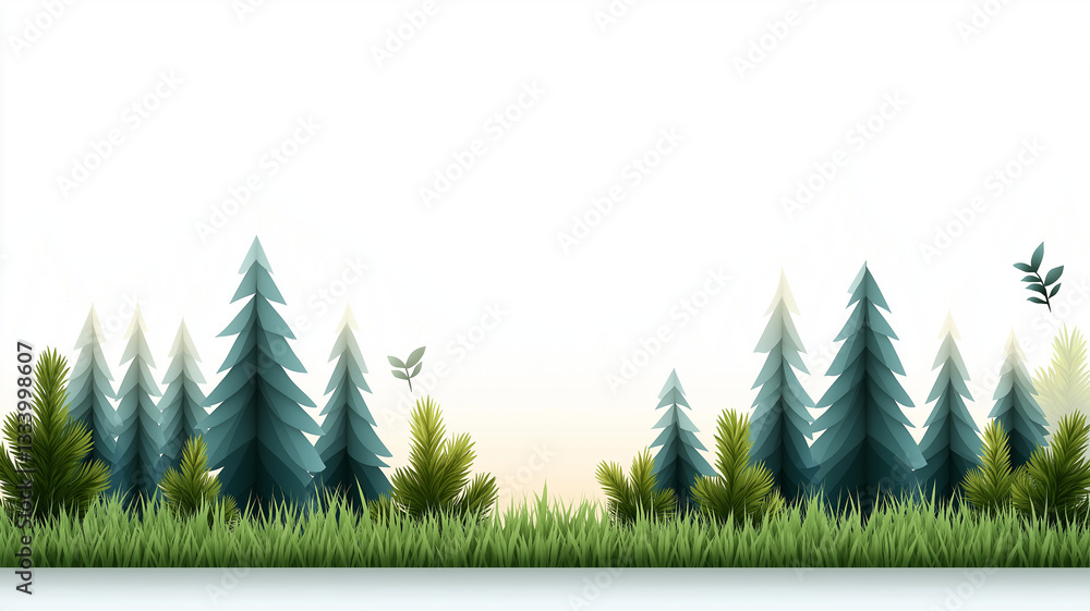Poster serene forest landscape featuring tall pine trees and lush greenery, creating peaceful atmosphere. s