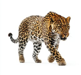Obraz premium Majestic leopard walking gracefully on a white background, showcasing its striking fur patterns and captivating gaze, epitome of wilderness and beauty