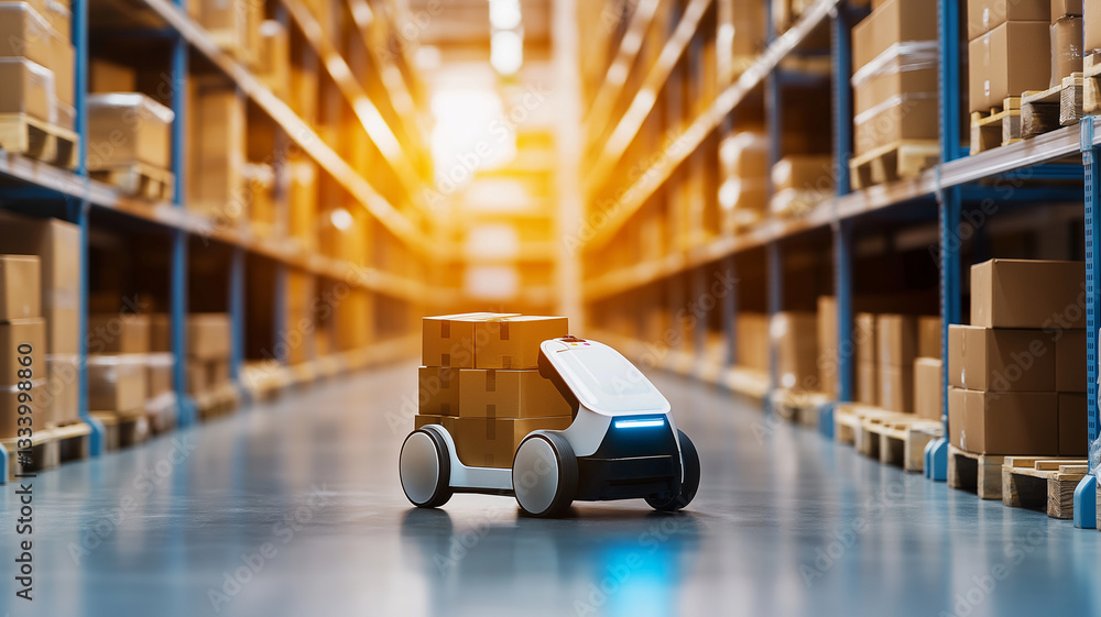 Poster futuristic delivery robot navigating through warehouse filled with stacked boxes, showcasing advance