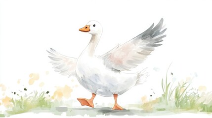 Obraz premium A whimsical watercolor illustration of a white goose walking, with its wings slightly open amidst soft grass and flowers.