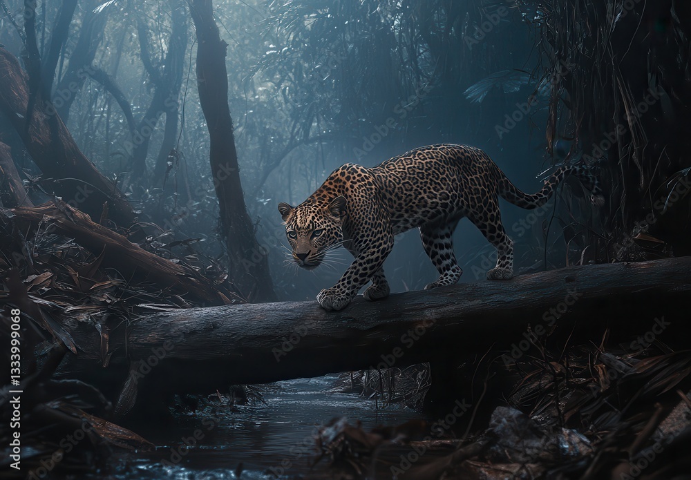 Aufkleber majestic leopard walking gracefully on log across tranquil stream in mysterious jungle with fog and 