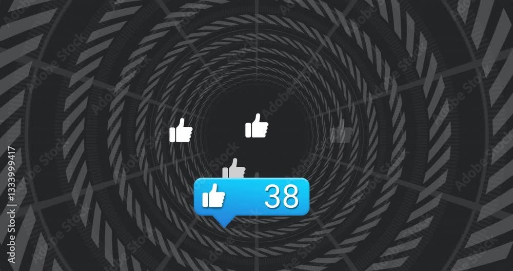 Aufkleber animation of thumbs-up icons and notifications swirling in geometric tunnel pattern
