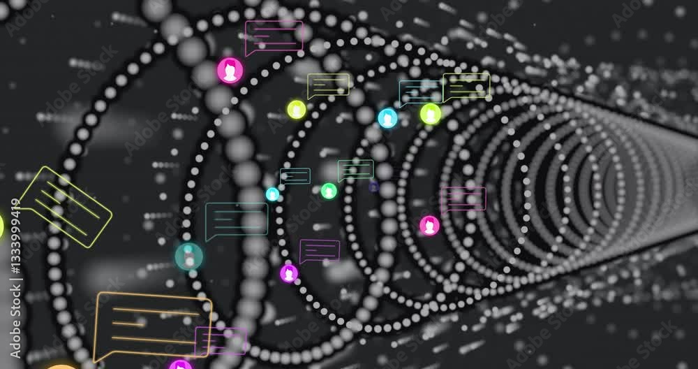 Poster animation of digital communication icons and chat bubbles swirling in tunnel of dots